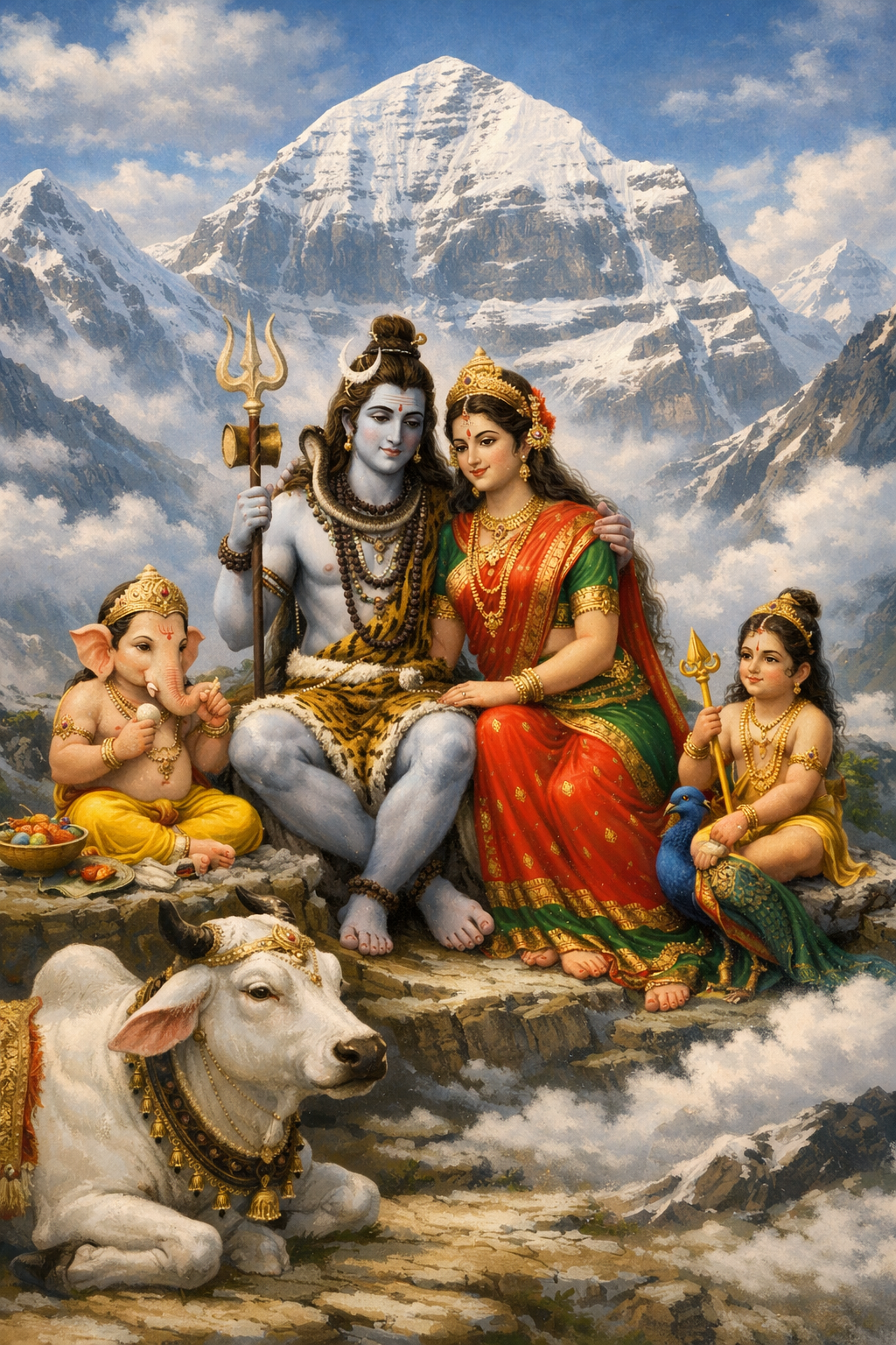 Shiva Parvati family portrait Mount Kailash snow peaks Ganesha Murugan Nandi bull blue sky classical art HD wallpaper